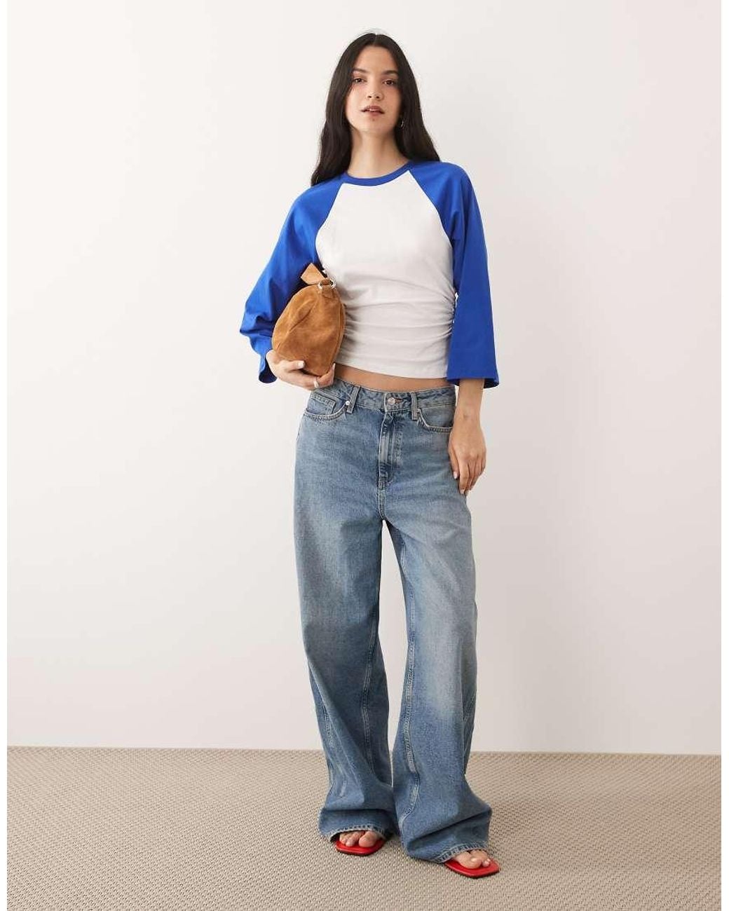ASOS Blue 3/4 Raglan Sleeve Top With Cinched Waist