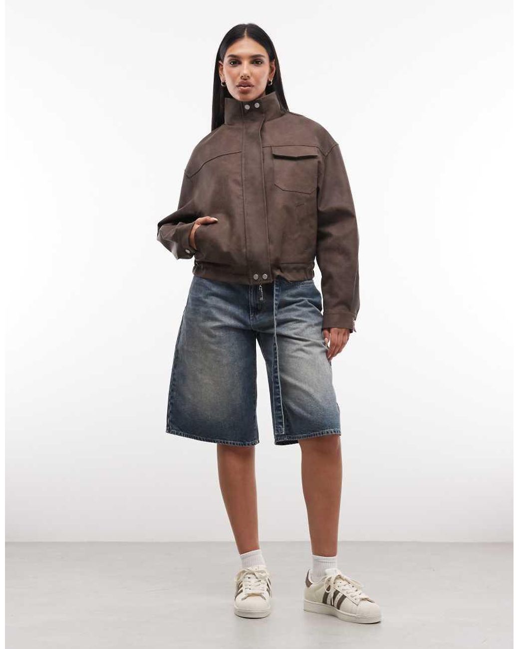 Liquor N Poker Brown Boxy Textured Funnel Neck Jacket