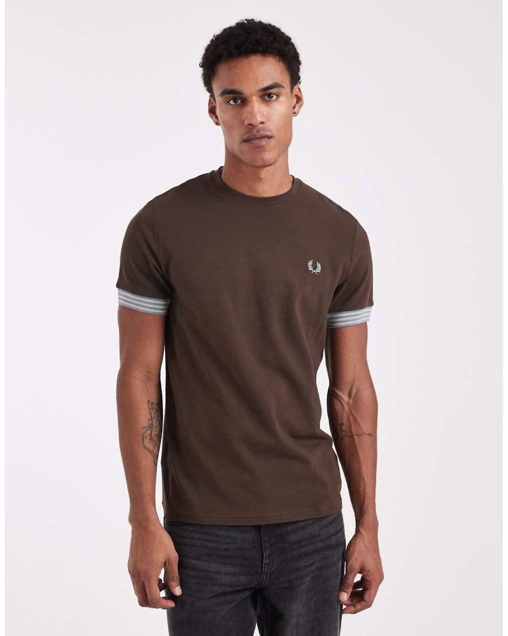 Fred Perry Brown Stripe Cuff T-Shirt for men