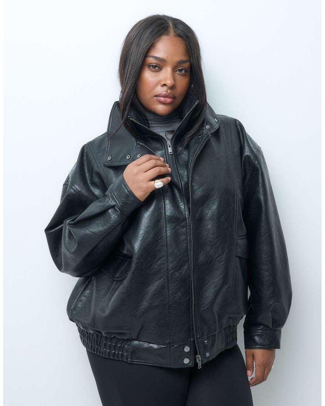 ASOS Blue Asos Design Curve Funnel Oversized Leather Look Bomber