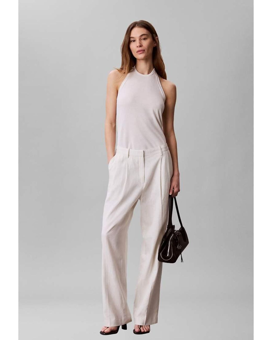 Calvin Klein Gray Linen Blend Wide Leg Trousers