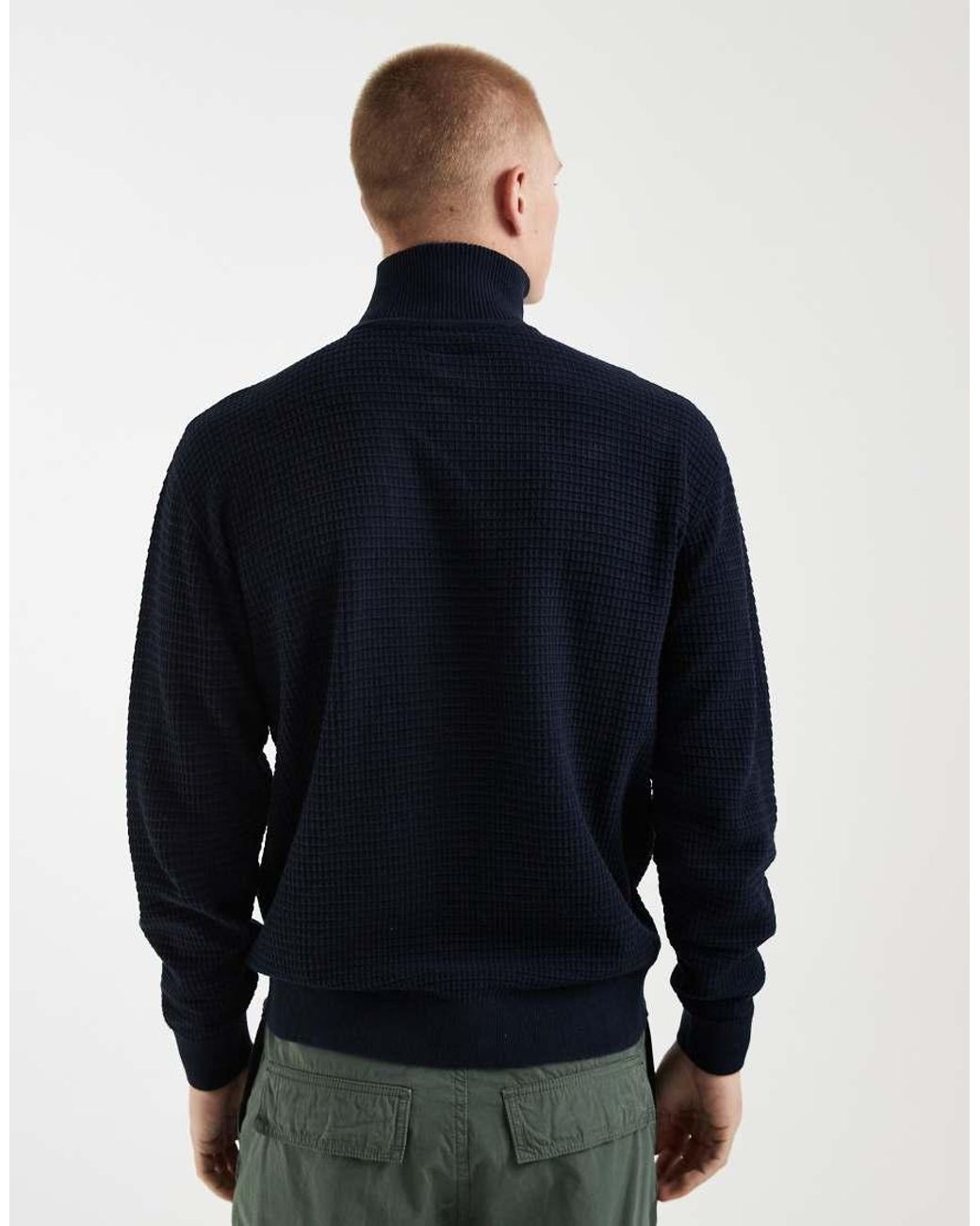 Redefined Rebel Blue Knitted Quarter Zip Sweatshirt for men
