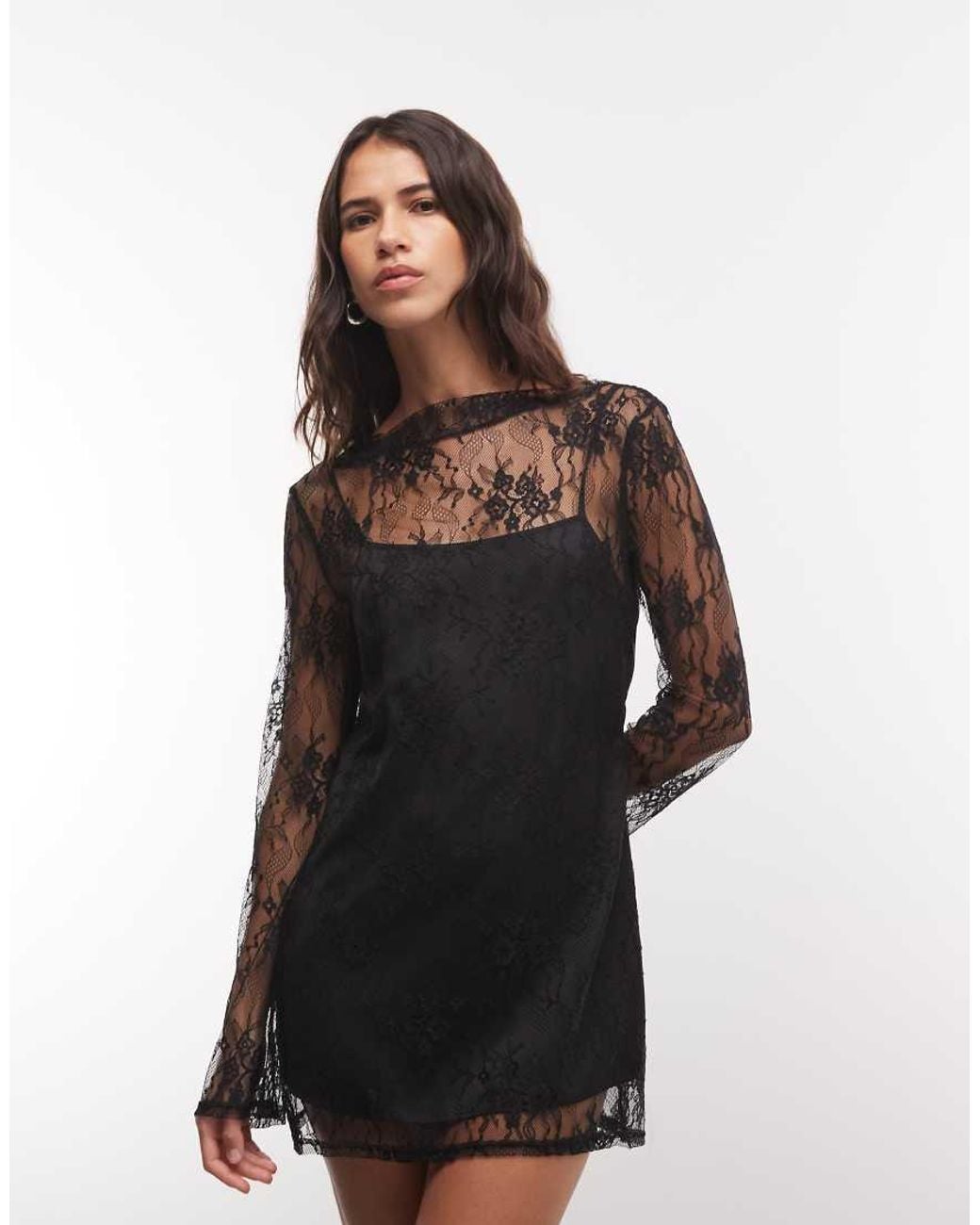 Monki Black Exclusive Sheer Long Sleeve Lace Mini Dress