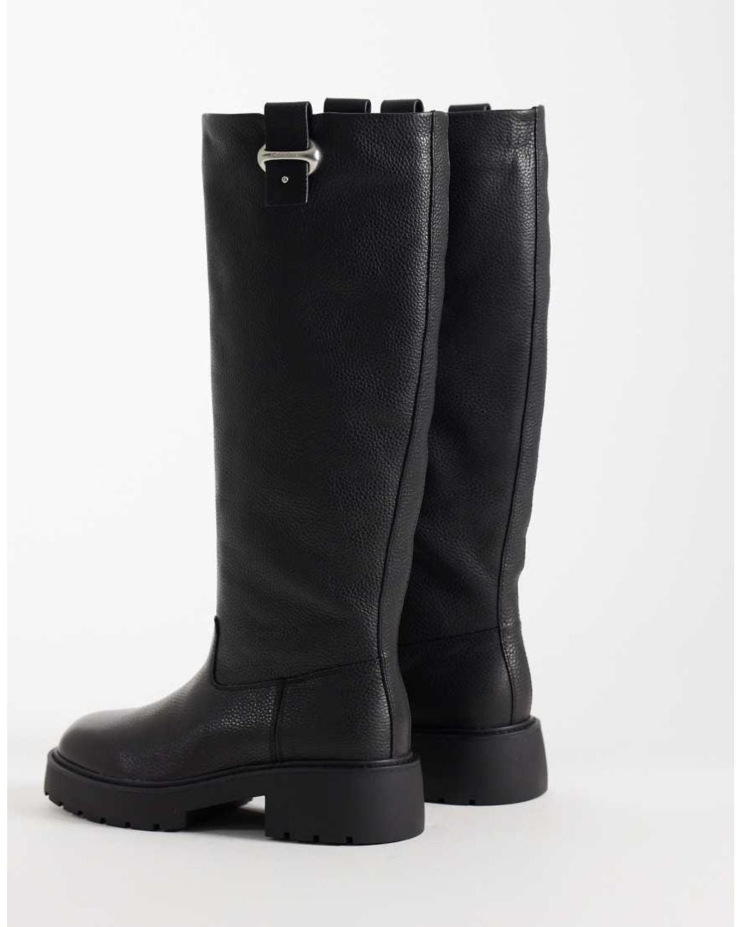 Calvin Klein Black Chunky Leather Knee High Boots With Silver Buckle Detail N