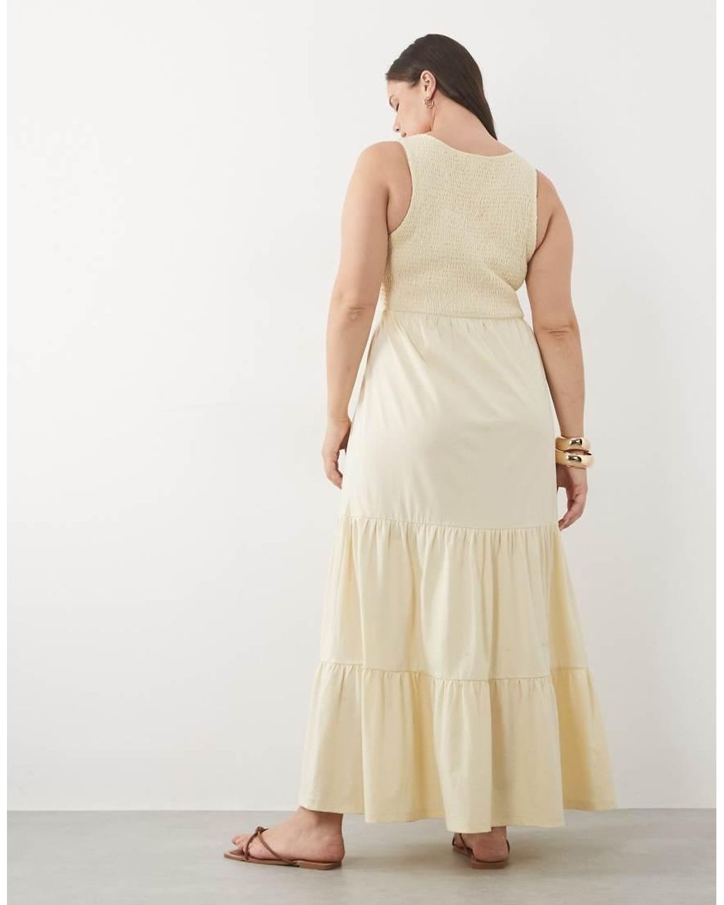 Brave Soul Natural Brave Soul Curve Scoop Neck Shirred Bodice Dress With Tiered Skirt