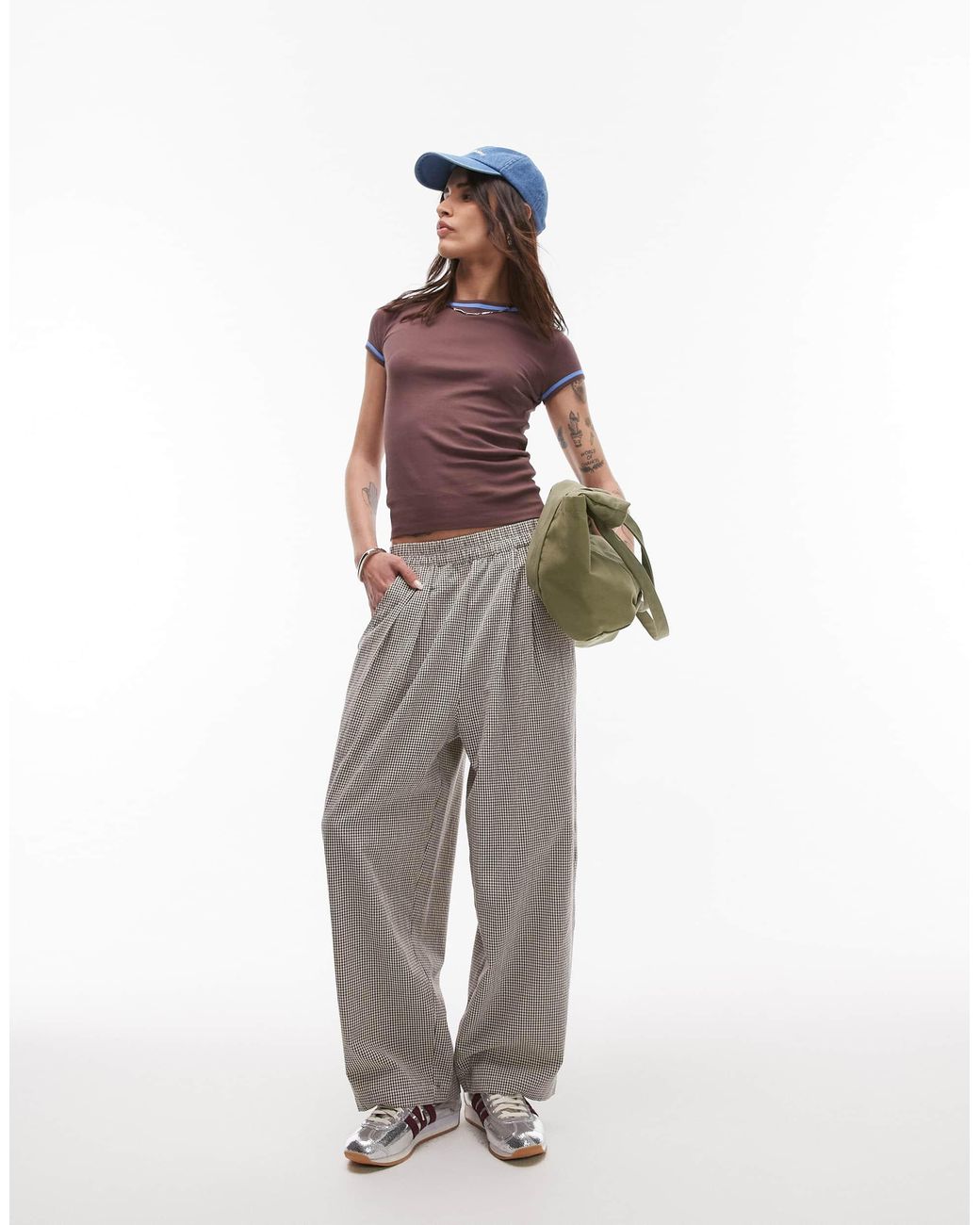 TOPSHOP High Waist Pull On Mini Plaid Tapered Pants | Lyst