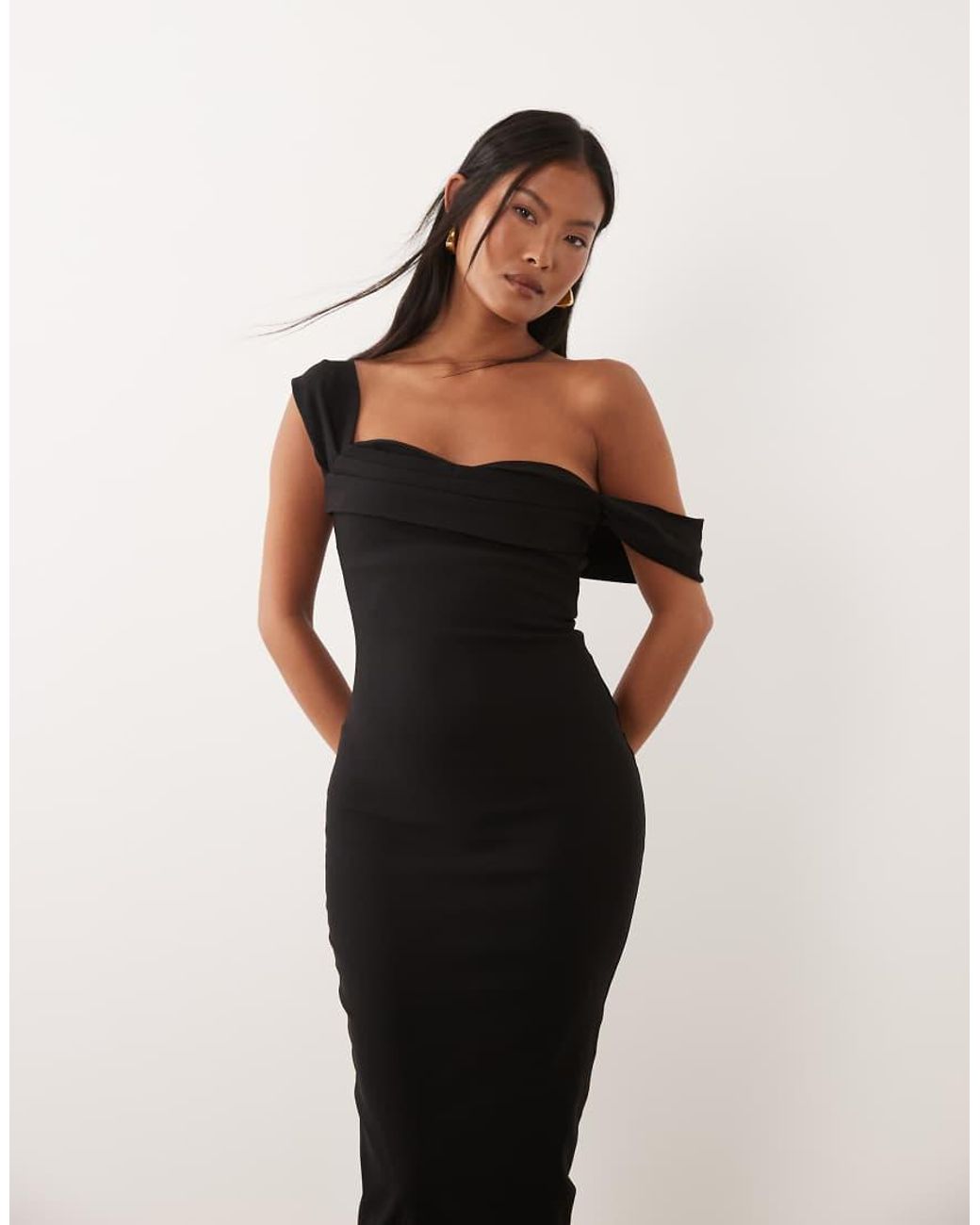 Vesper Petite Black Bengaline Bardot Off Shoulder Bodycon Midaxi Dress