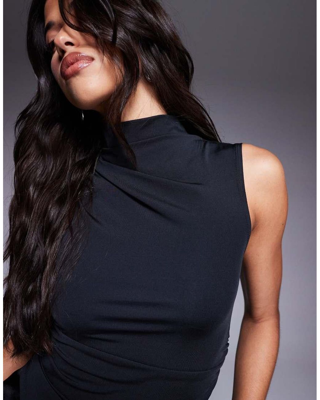 ASOS Black Grown On High Neck Gathered Asymmetric Hem Top