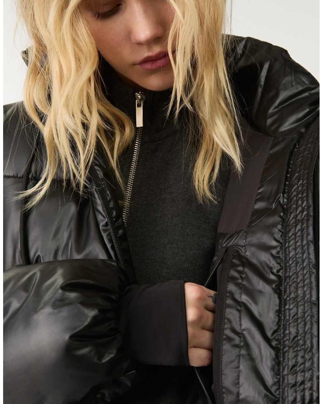 Stradivarius Black Metallic Hooded Puffer Jacket