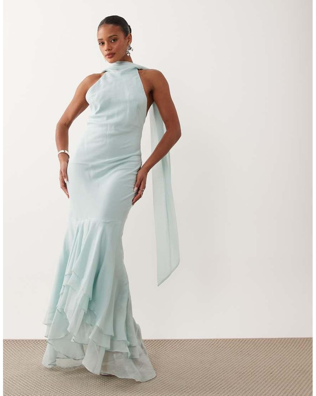ASOS Blue Halter Maxi Dress With Scarf Detail And Ruffle Hem