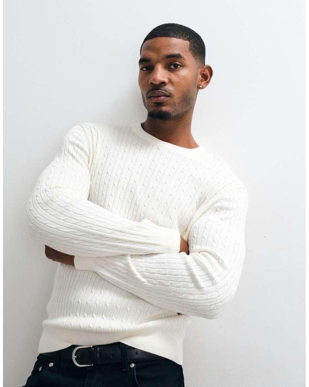 Mango White Cable Knit Sweater for men