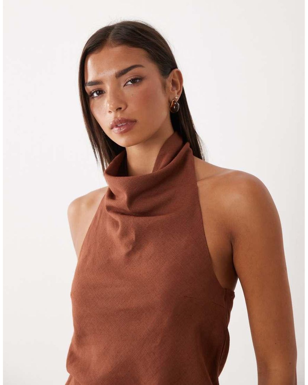ASOS Brown Linen Blend Drapey Halter Neck Top