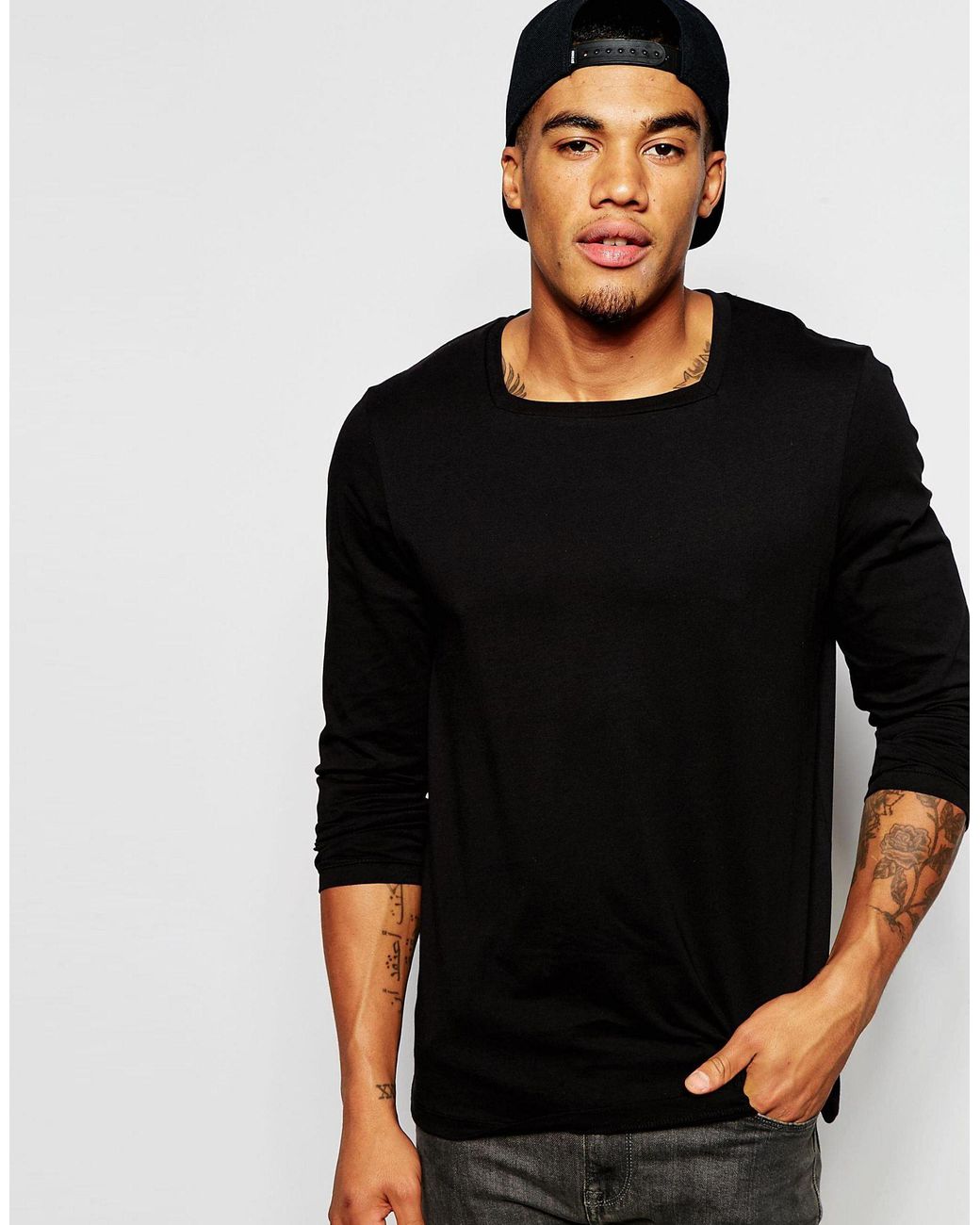 ASOS Long Sleeve Tshirt With Square Neck In Black for Men Lyst