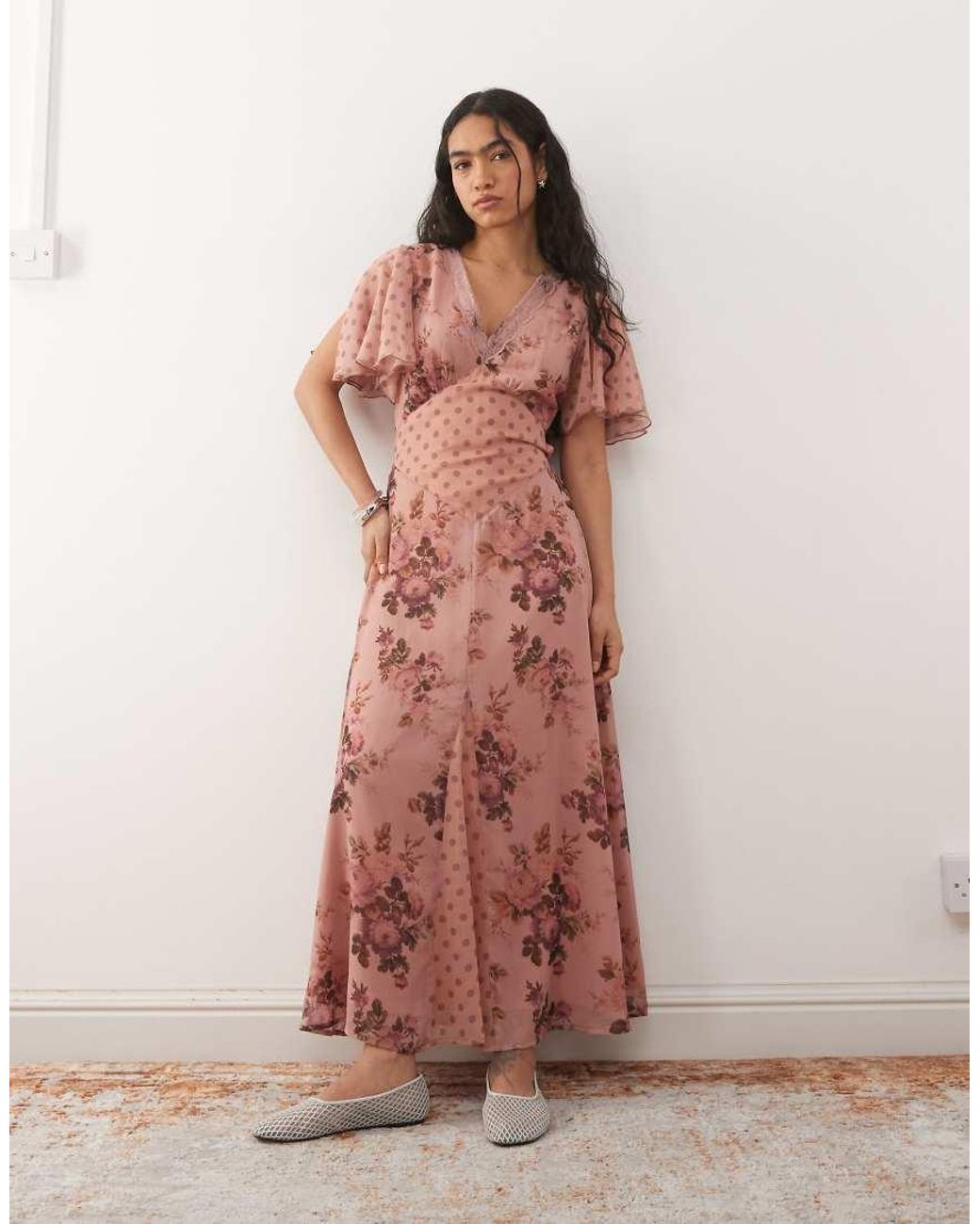Reclaimed Vintage Pink Midi Tea Dress With Lace Trim And Flutter Sleeves