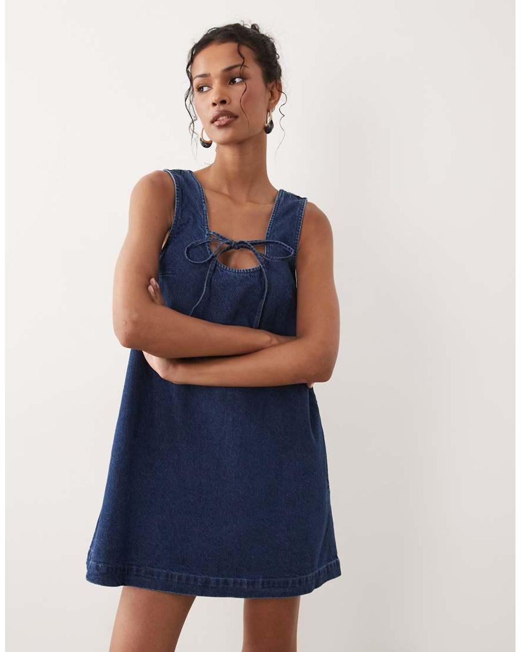 ASOS Blue Denim Scoop Mini Dress With Bow Front