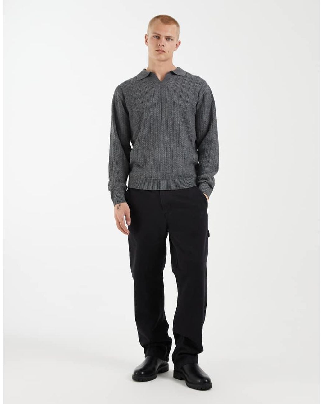Redefined Rebel Gray V-neck Knitted Jumper With Collar for men