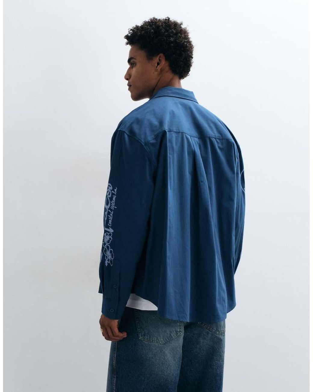 ASOS Blue Oversized Poplin Shirt With Placement Prints for men