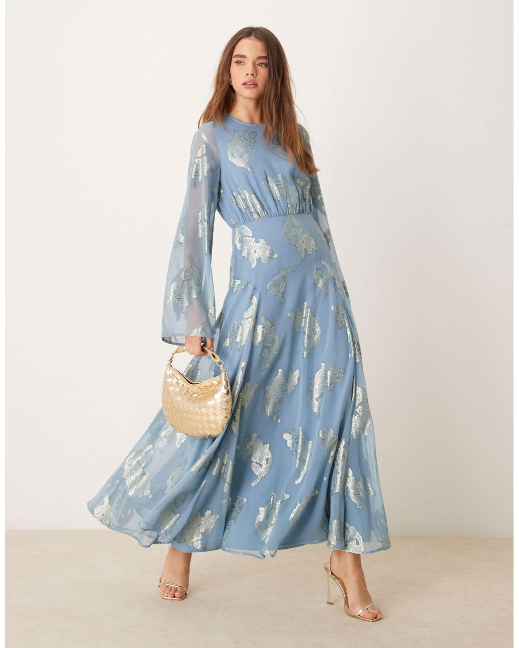 ASOS Metallic Long Sleeve Midi Dress With Frill Cuffs in Blue | Lyst