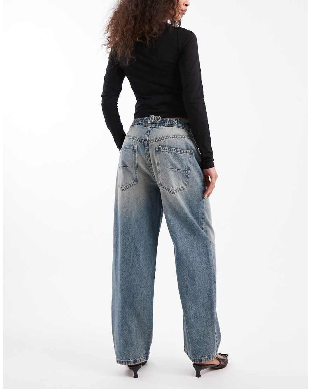 ASOS Blue Ankle Grazer Barrel Jeans With Cinch Waist
