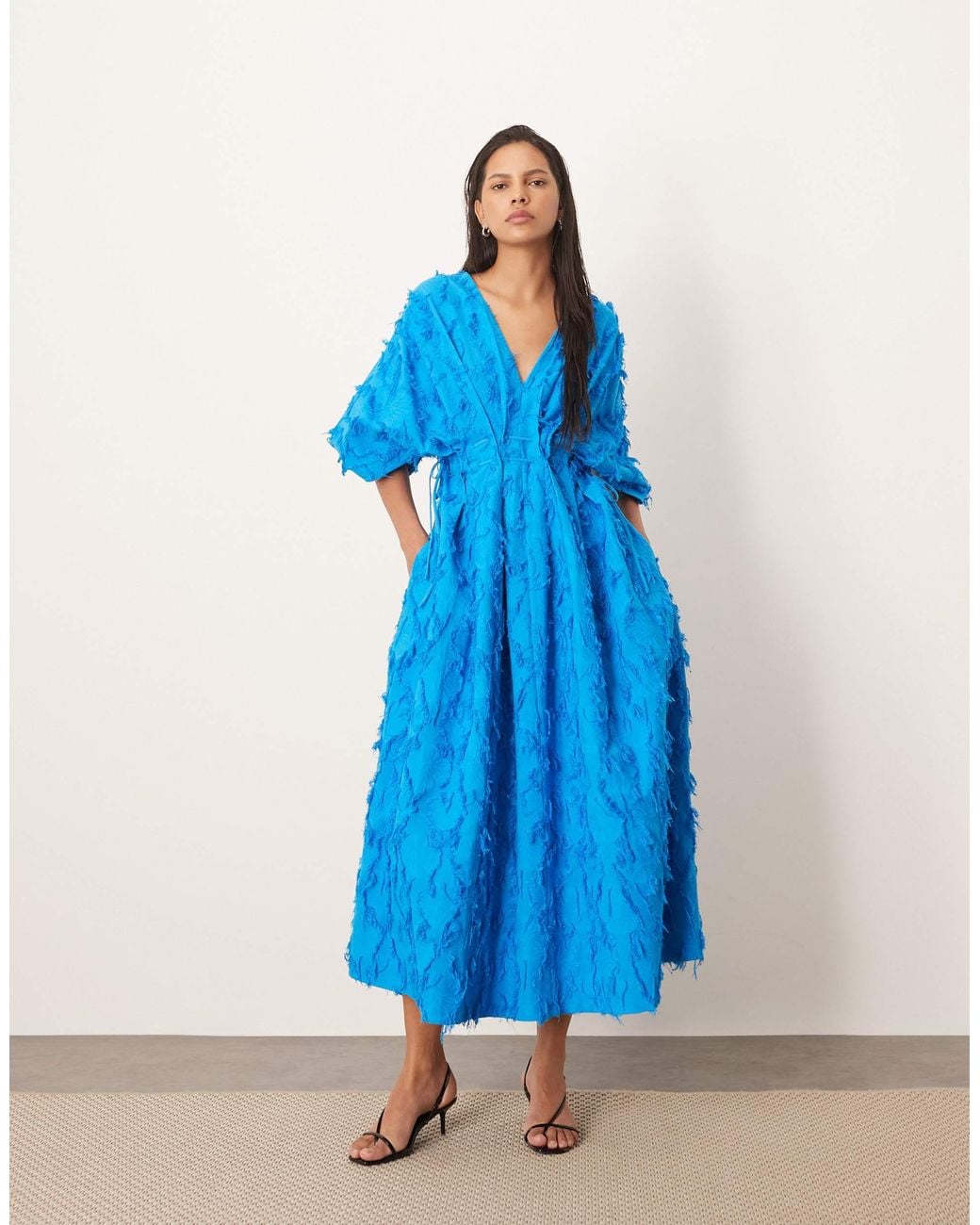 ARRANGE Textured Tie Waist Pleat Waist Midi Dress in Blue | Lyst