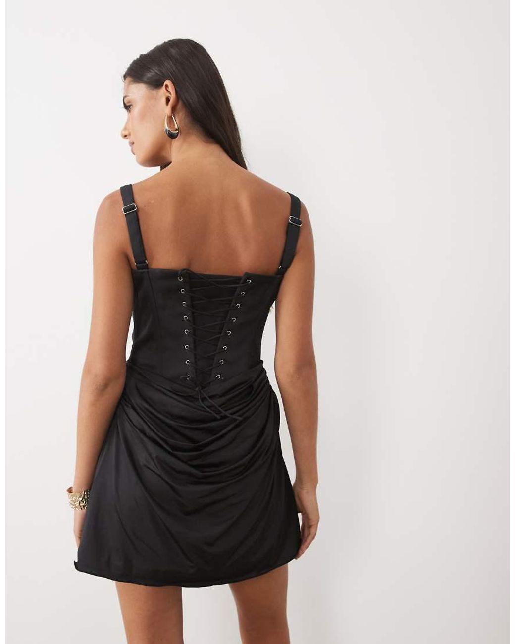Oh Polly Natural Satin Lace Up Corset Draped Mini Dress