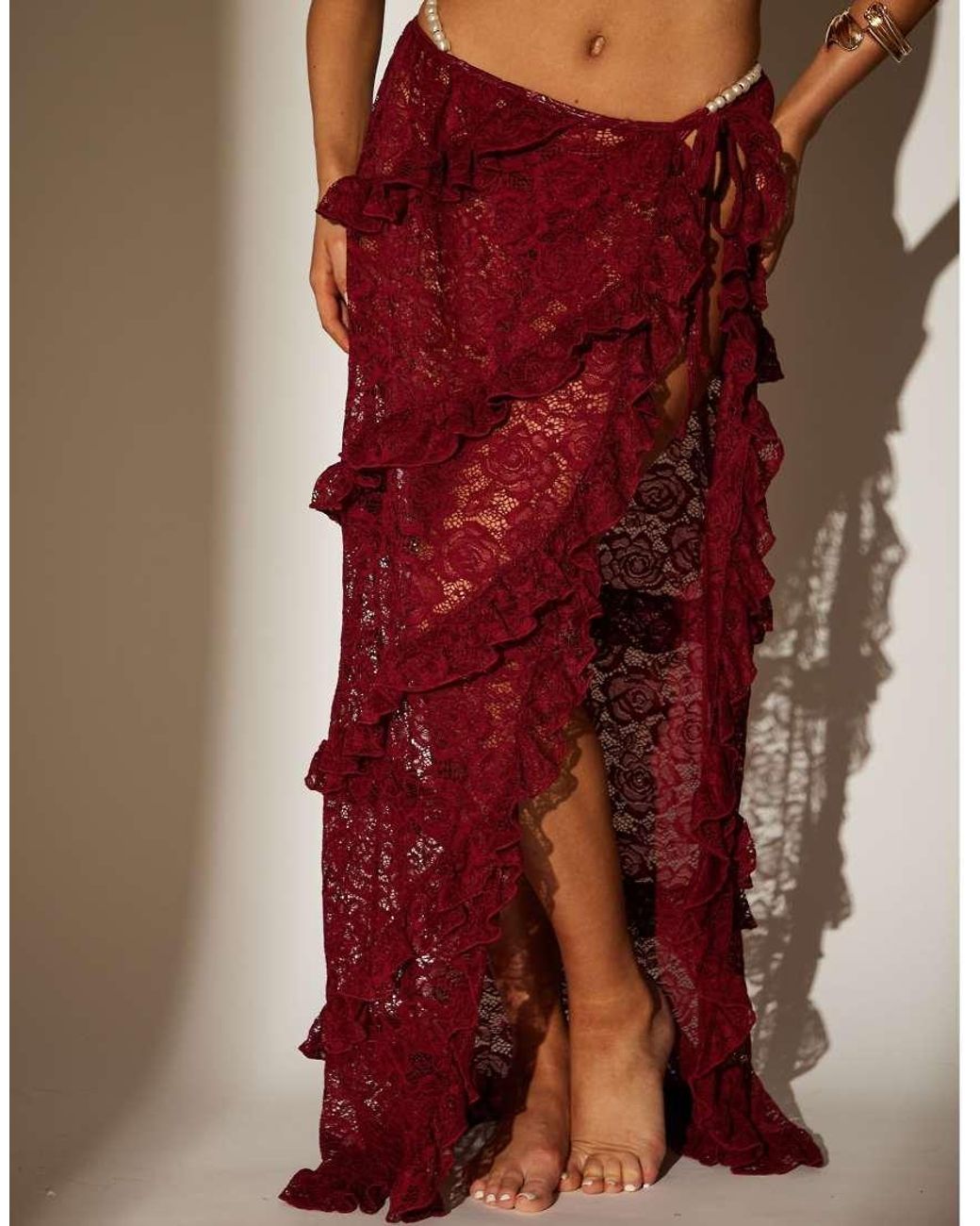 South Beach Brown Lace Ruffle Maxi Skirt