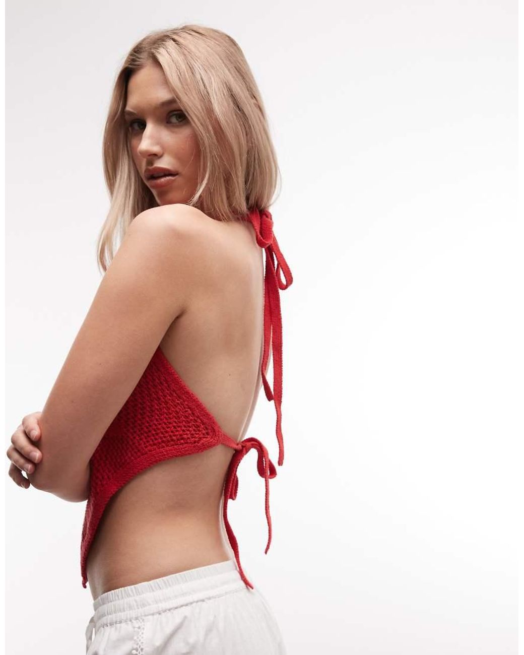 Reclaimed Vintage Red Crochet Halter Neck Dipped Hem Top