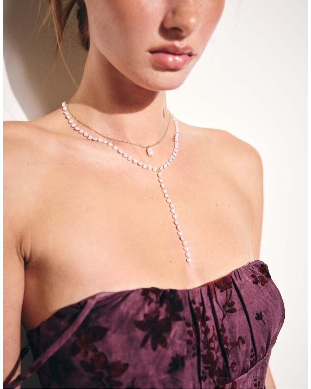 Stradivarius White Set Of 3 Faux Pearl Lariat Necklaces