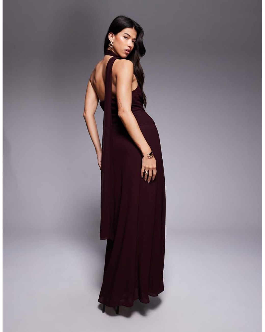 TFNC London Purple One Shoulder Scarf Neck Maxi Dress