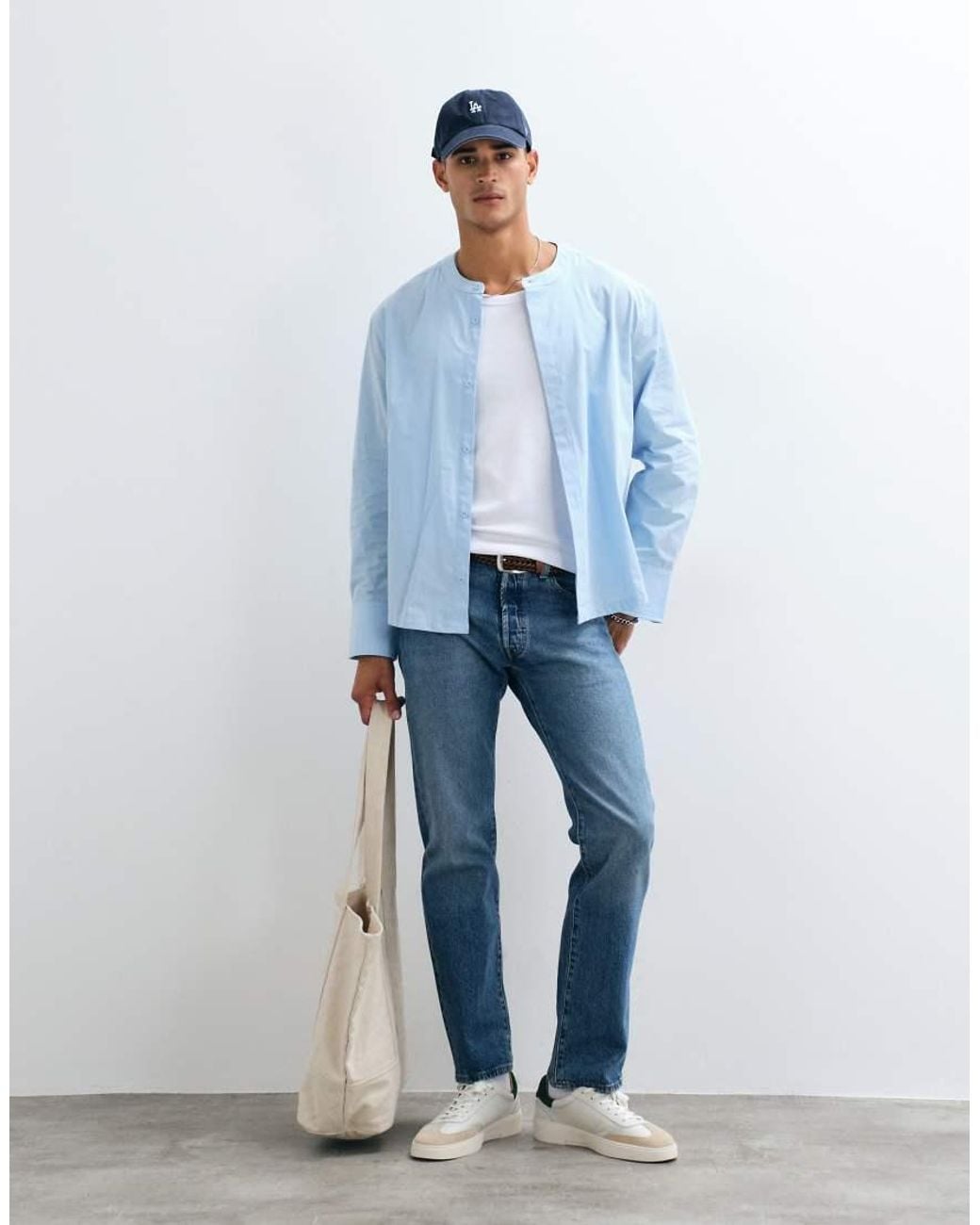 ASOS Blue Relaxed Poplin Shirt With Grandad Collar for men