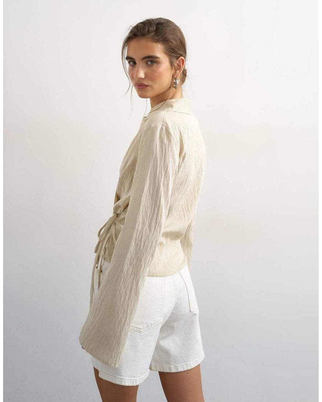 TOPSHOP Natural Stripe Asymmetric Wrap Tie Shirt