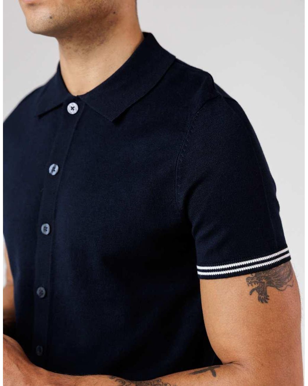 French Connection Blue Arm Stripe Short Sleeve Button-Up Polo Shirt for men