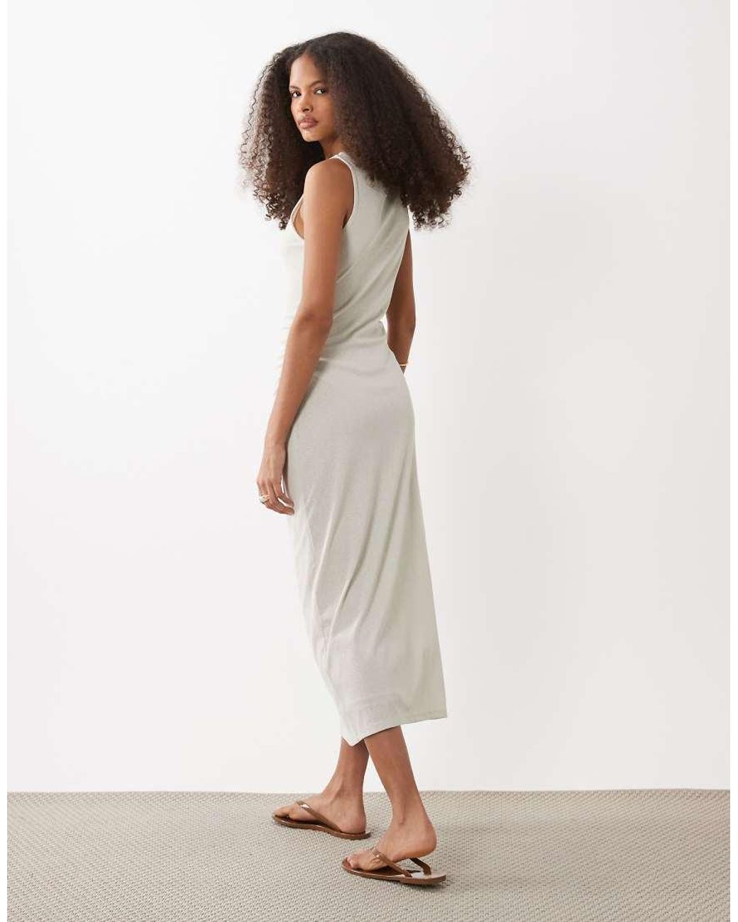 Mango White Boat Neck Sleeveless Midi Dress With Ruched Waist