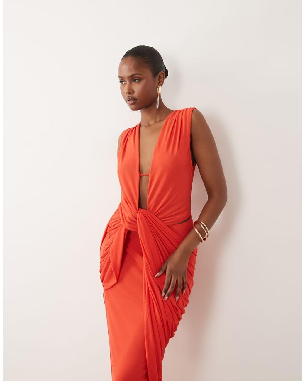 ASOS Red Plunge Neck Gather Detail Mesh Maxi Dress
