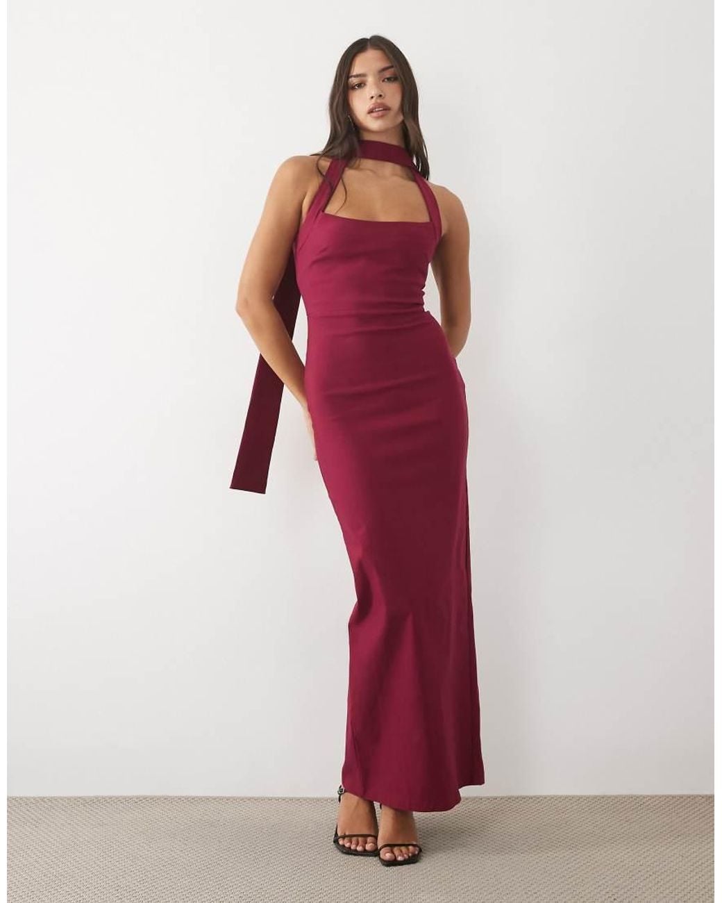 Vesper Red Bengaline Halter Neck Drape Detail Maxi Dress