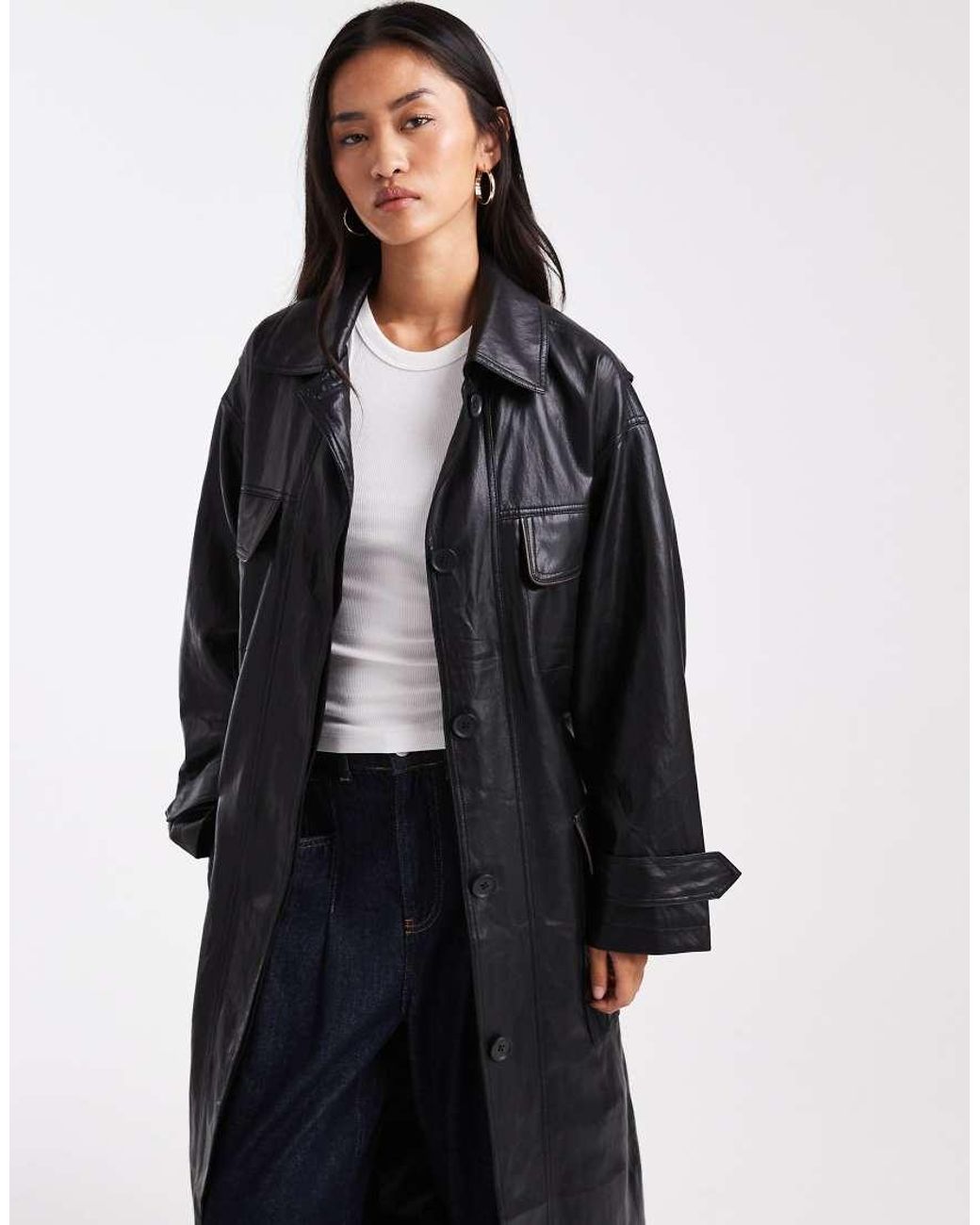 ASOS Trenchcoat Met Lange Pasvorm, Leerlook En Contrasterende Zakken in het Blue