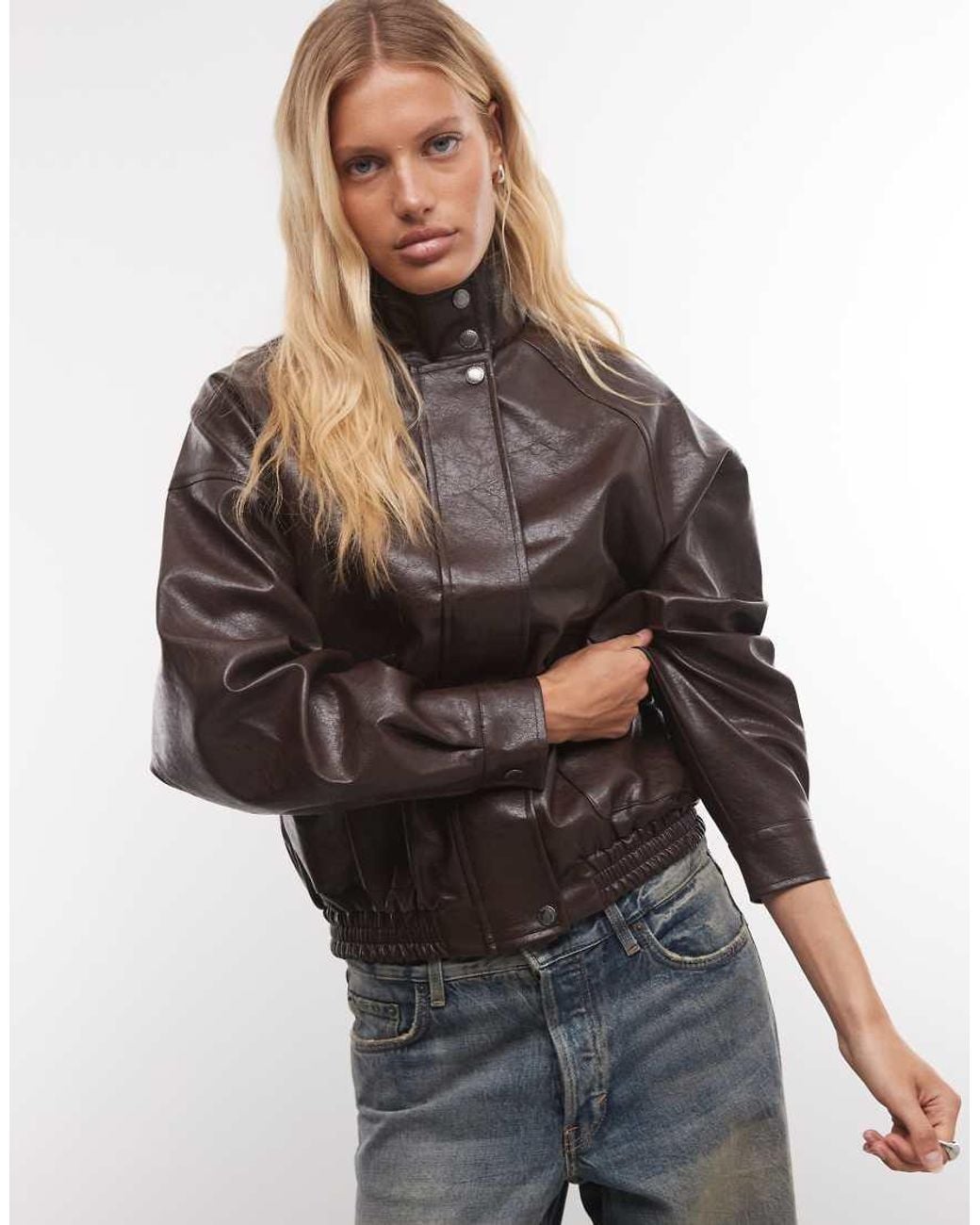 French Connection Gray Faux Leather Funnel Neck Jacket