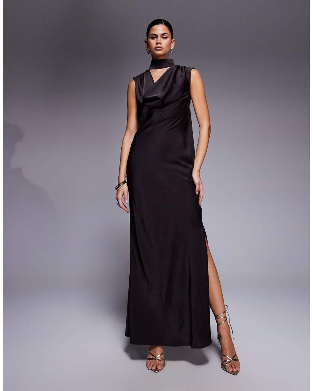 ASOS Blue Satin Cowl Neck Midi Dress With Scarf Neck Ties And Twist Back