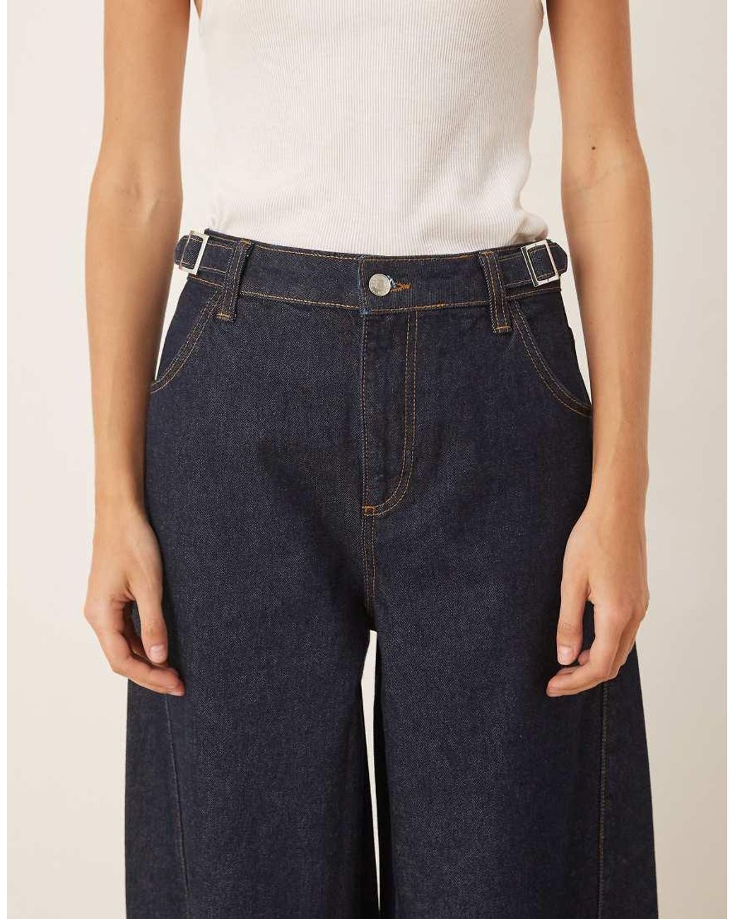 ASOS Blue Barrel Leg Jean With Cinched Waist Buckles