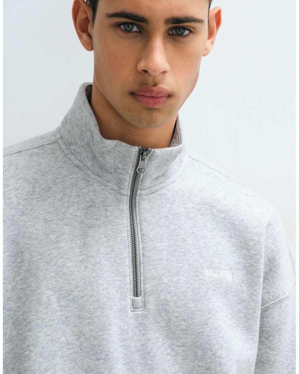 Hollister Gray 1/4 Zip Sweatshirt With Minimal Logo for men