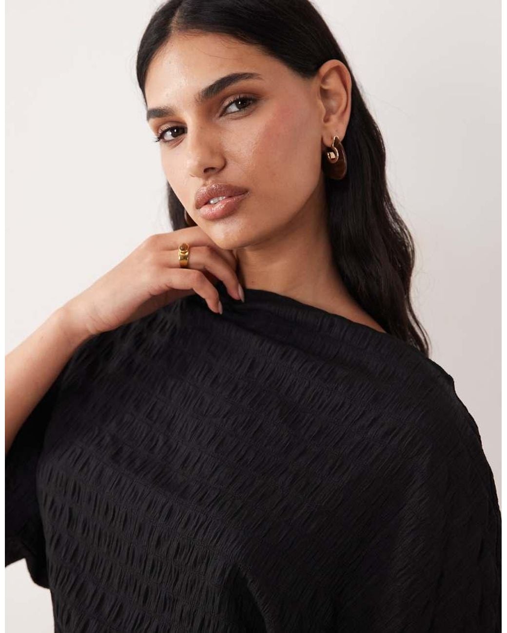 ASOS Black Fallen Shoulder With Cinched Waist Textured Top