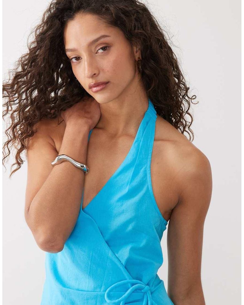 ASOS Blue Cotton Linen Halter Neck Wrap Maxi Sundress
