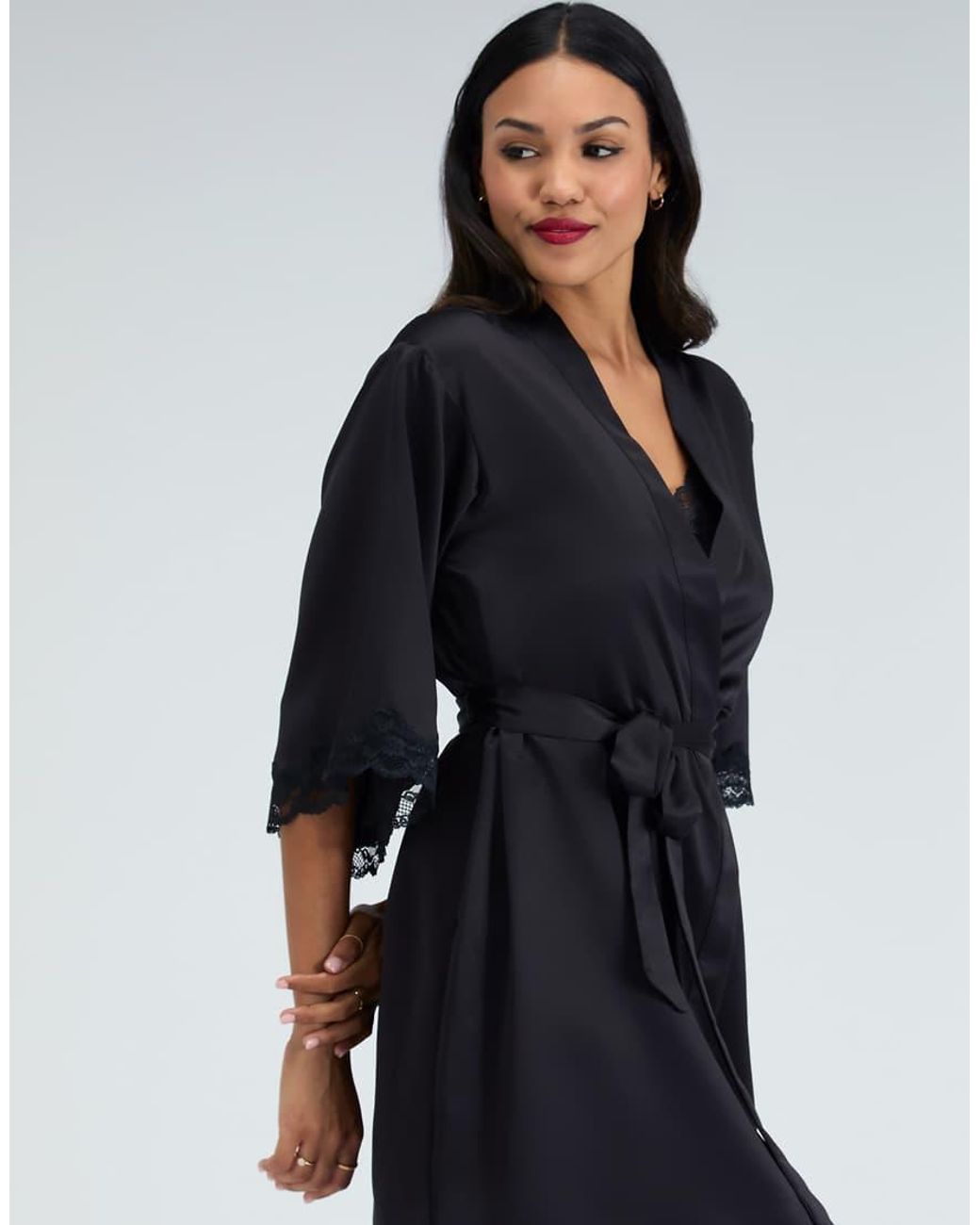 Boux Avenue Blue Amelia Matte Satin Short Robe Lace Trim Self Tie Nightwear