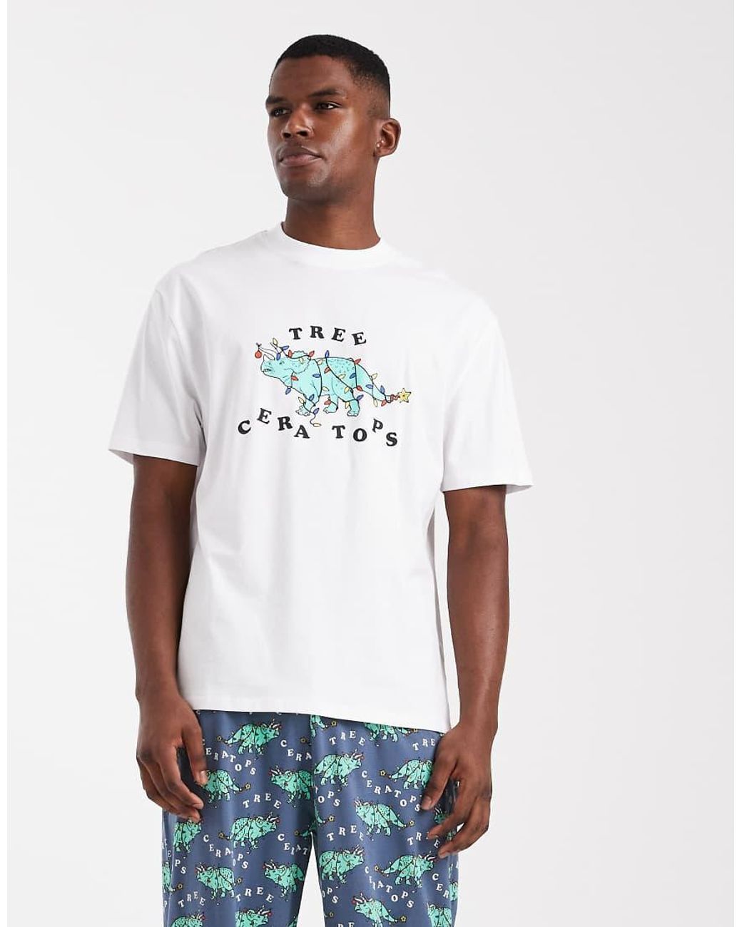 ASOS Blue Christmas Pyjama Set With Dinosaur Graphic for men