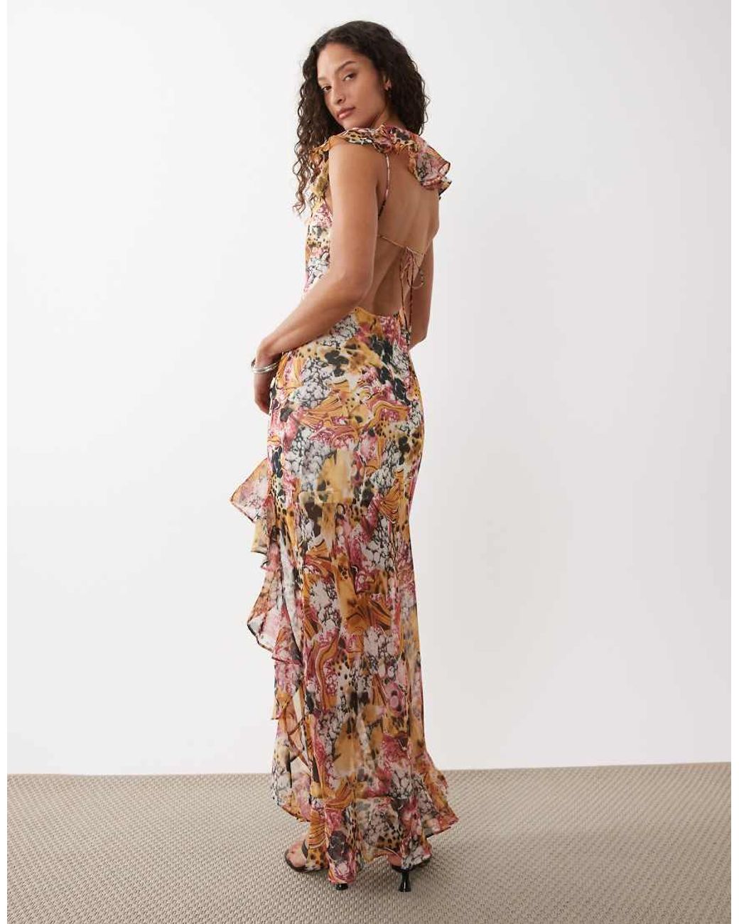 ASOS Brown Frill Sleeve Cowl Asymmetric Hem Maxi Dress