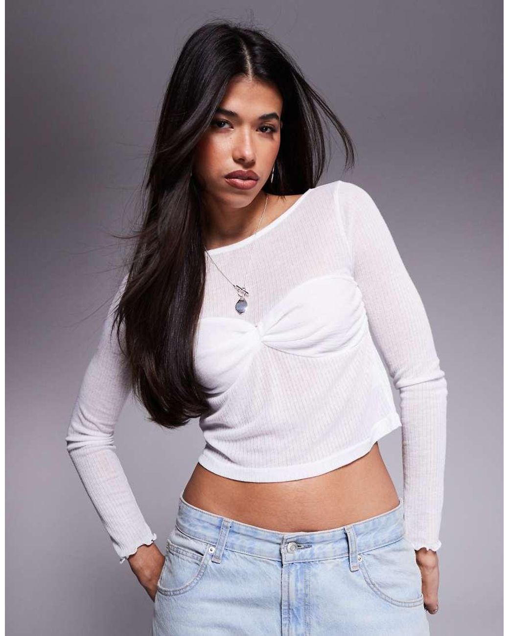 Princess Polly Gray Fine Rib Slash Neck Bust Detail Long Sleeve Top