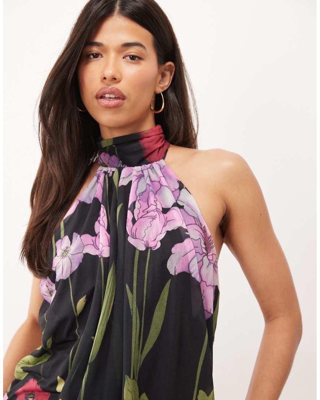 ASOS White Dropped Hem Printed Stretch Chiffon Halter Maxi Dress