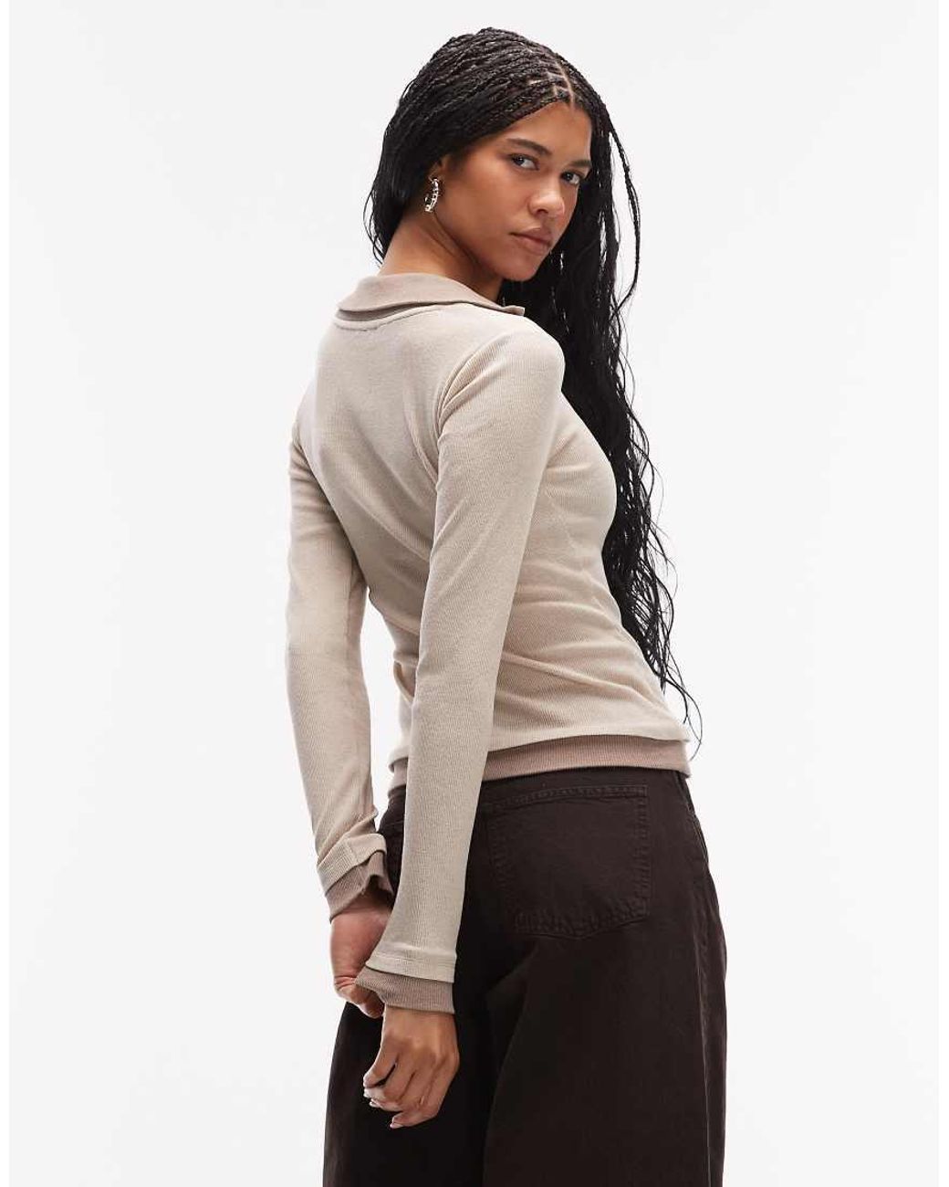 ASOS Natural Long Sleeve V-neck Top With Collar