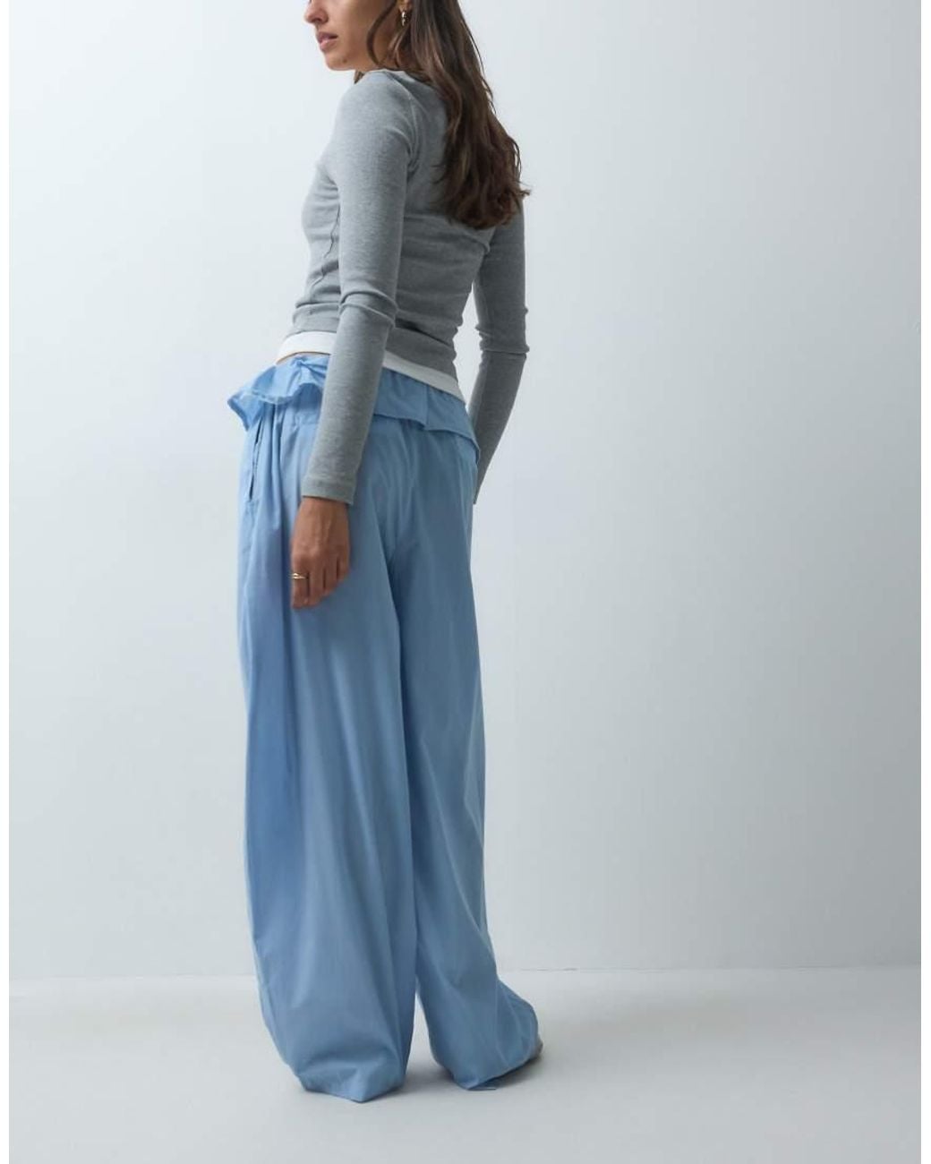 ASOS Blue Poplin Fold Over Pleated Wide Leg Trouser