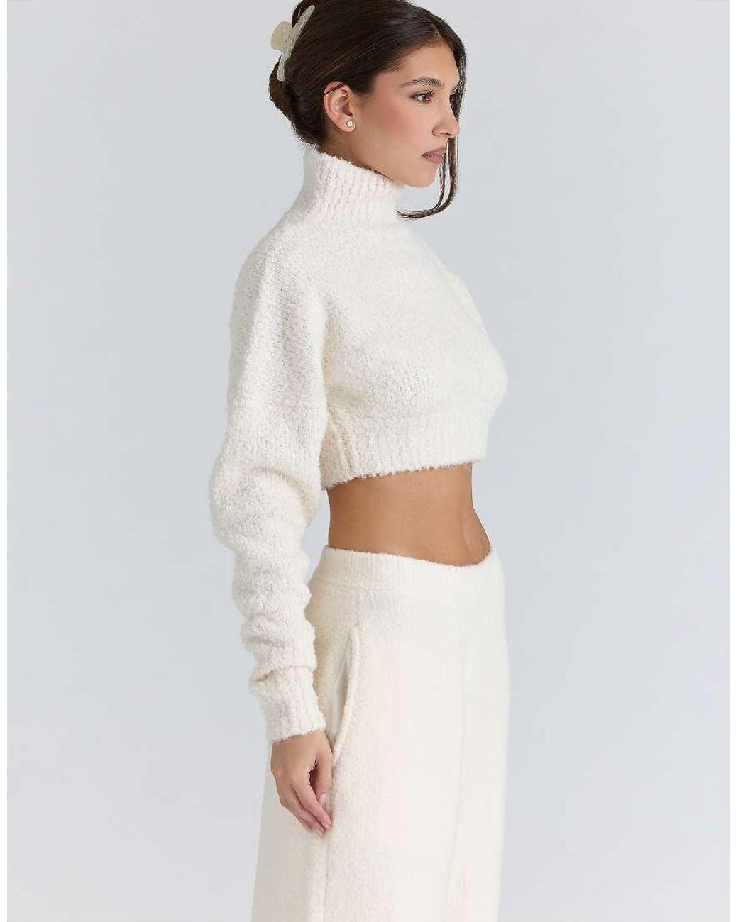 House Of Cb White Cheyenne Ivory Cropped Chunky Boucle Wool Knit Sweater
